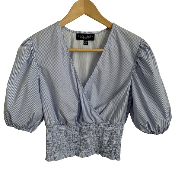 LAUNDRY BY SHELLI SEGAL Striped Puff Sleeve Top Blue and White EUC - Picture 1 of 5
